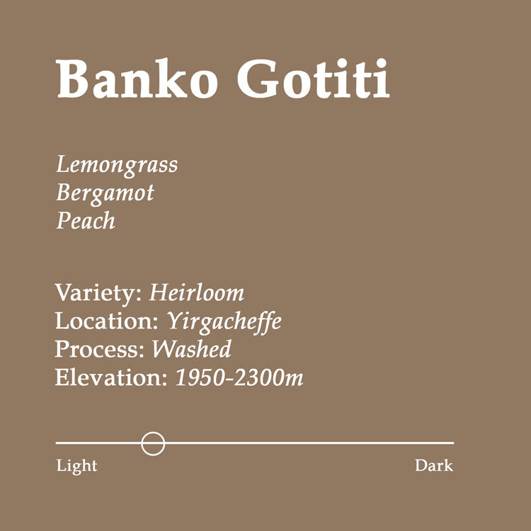 Product label for Ethiopian Banko Gotiti coffee with flavor notes and details on a brown background