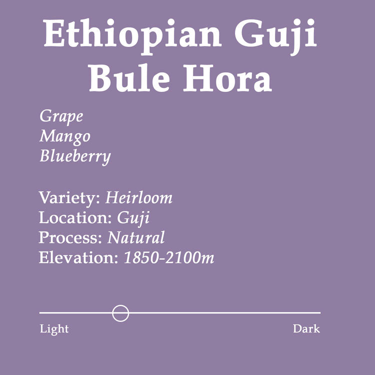 Product label for Ethiopian Guji Bule Hora coffee with flavor notes and details on a purple background.