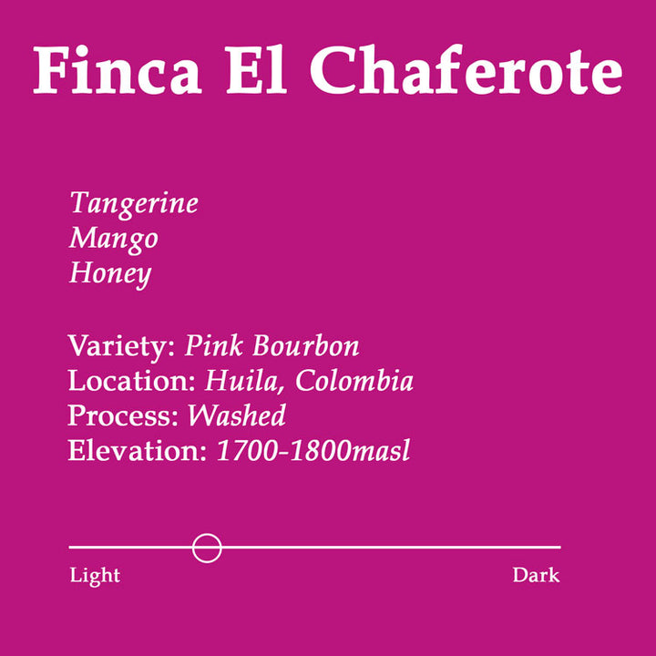 Product label for Finca El Chaferote coffee with details on flavor profile, variety, location, process, and elevation.