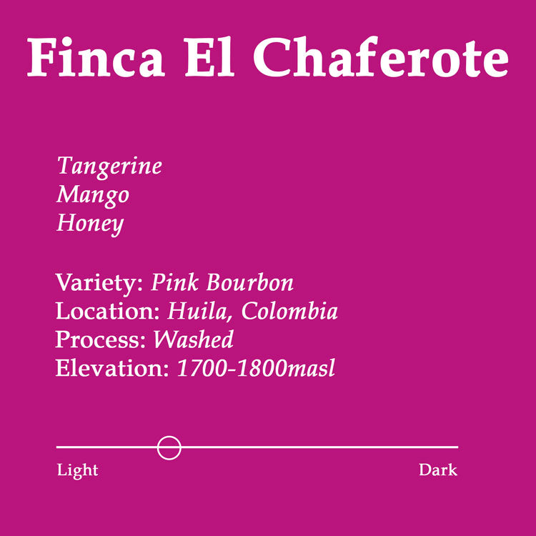Product label for Finca El Chaferote coffee with details on flavor profile, variety, location, process, and elevation.